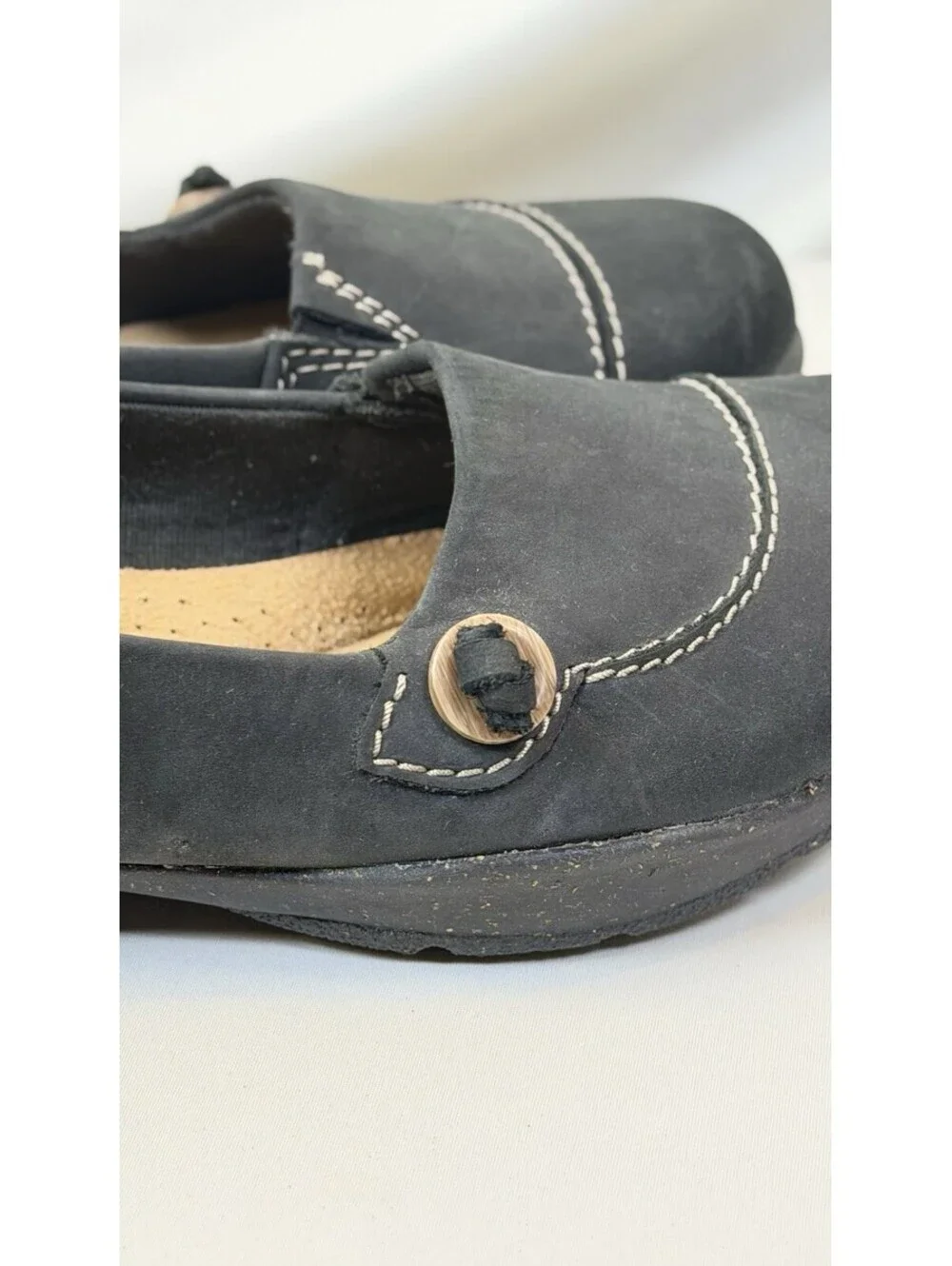 Clarks Carleigh Leather Loafers Women’s Size 7M Black Nubuck Contrast Stitching